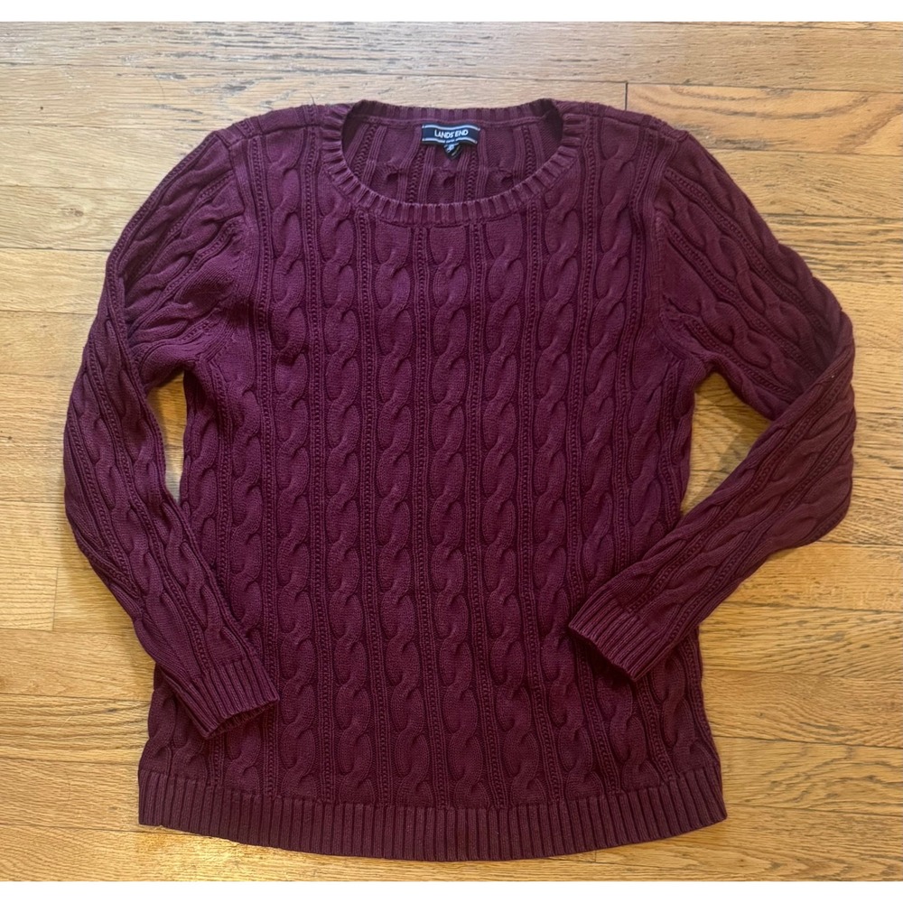 Lands End women's Drifter Cable Knit Sweater Burgundy Cotton Pullover Sz medium